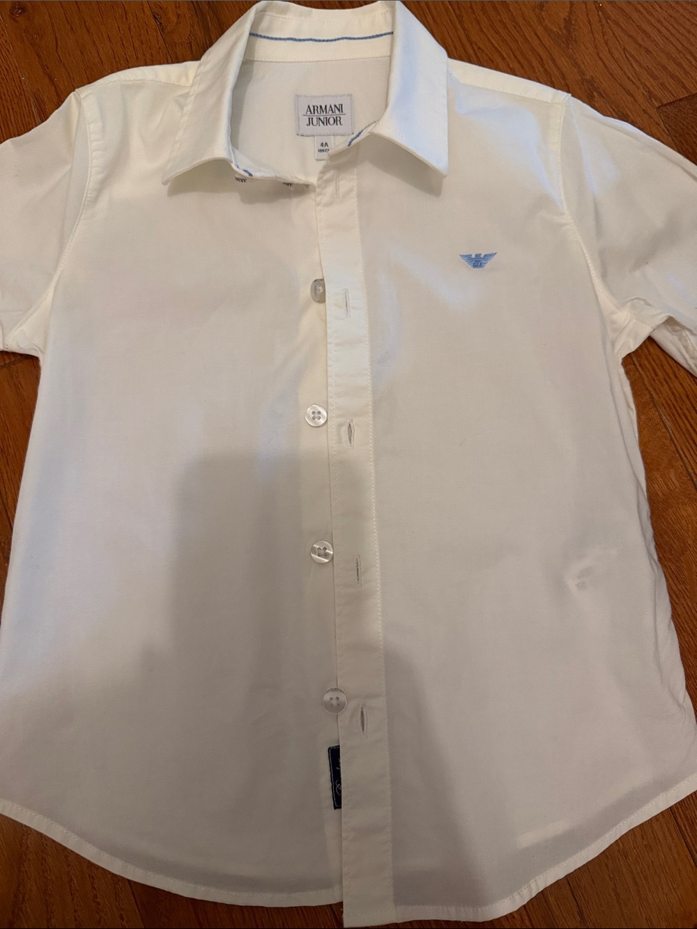 Armani Junior White Short-Sleeve Button-Down Shirt with Light Blue Logo